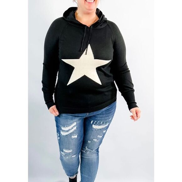 Black with white Star Print Long Sleeve Hooded Sweater size 2XL/3XL NWT - Picture 1 of 14